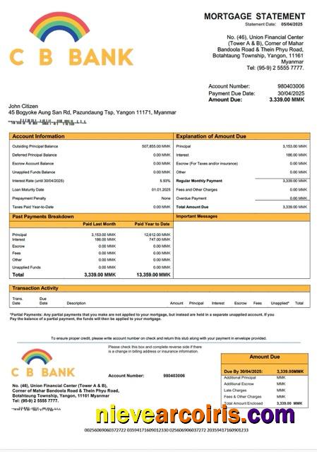 Myanmar CB Bank mortgage statement Word and PDF template